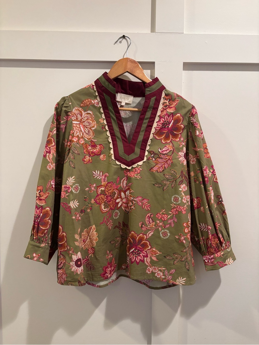entro Olive Floral V-Neck Blouse with Burgundy Trim